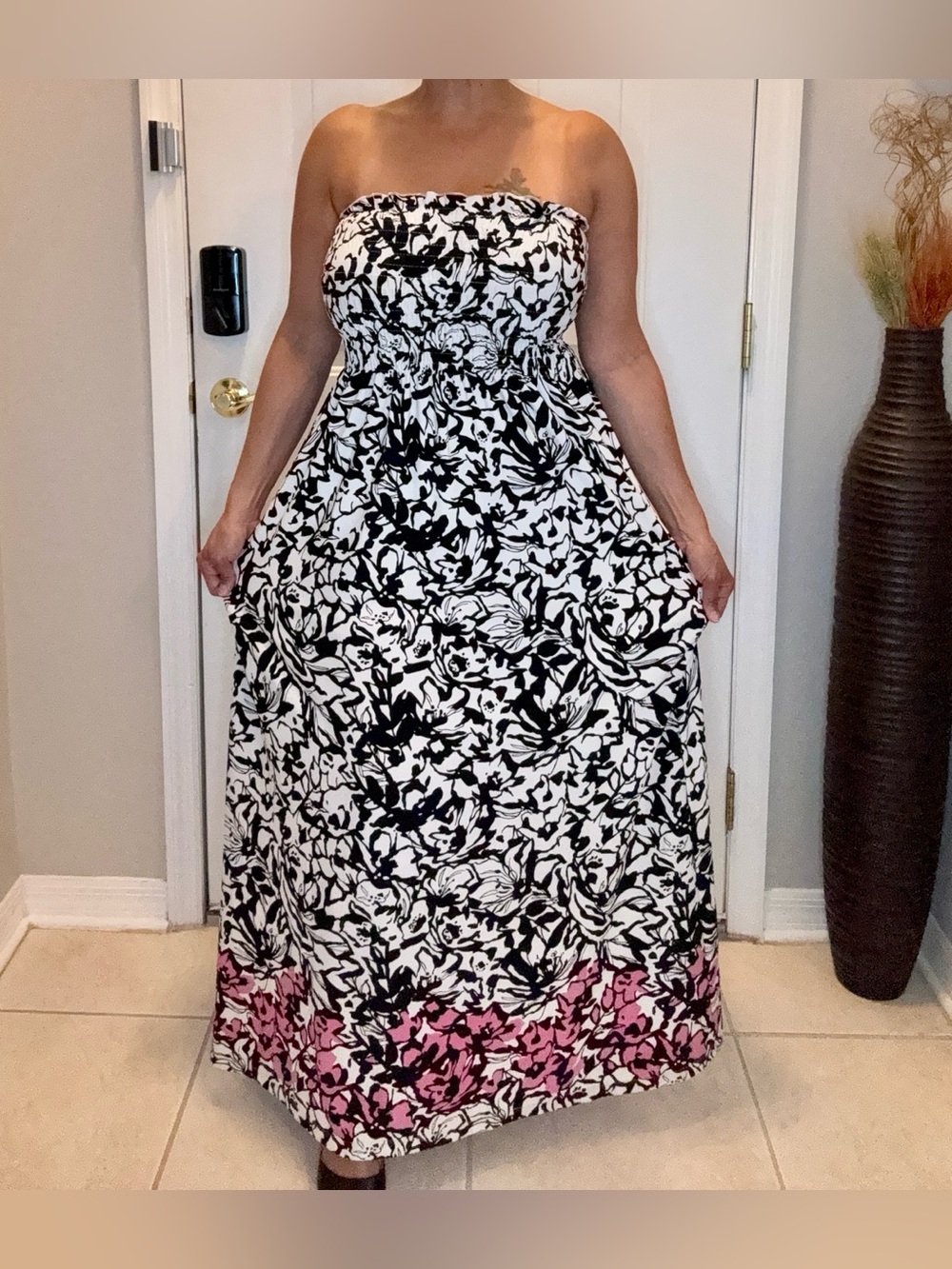 Island Republic Black & White Floral Strapless Maxi with Pink Border